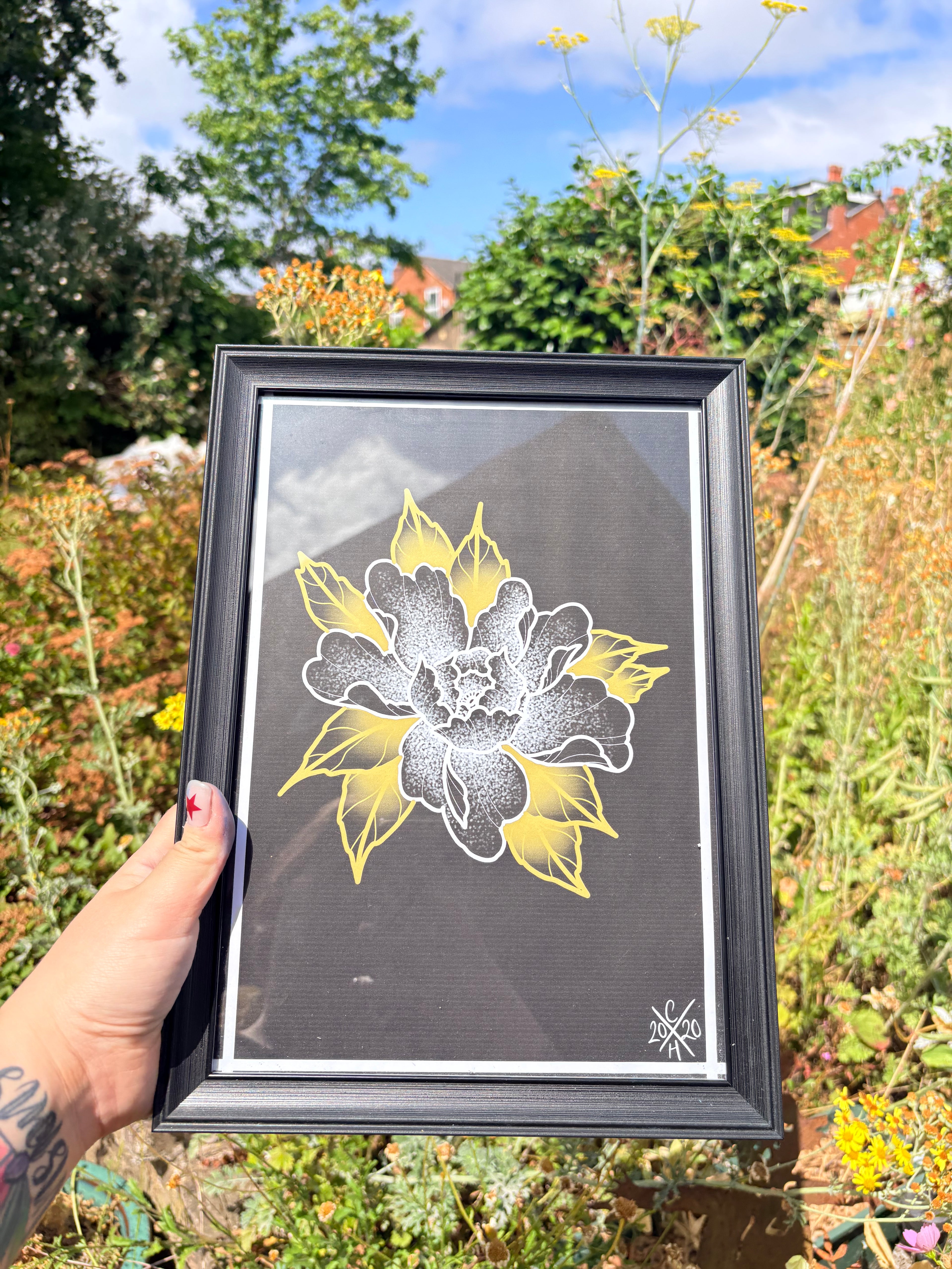 Original peony print in frame