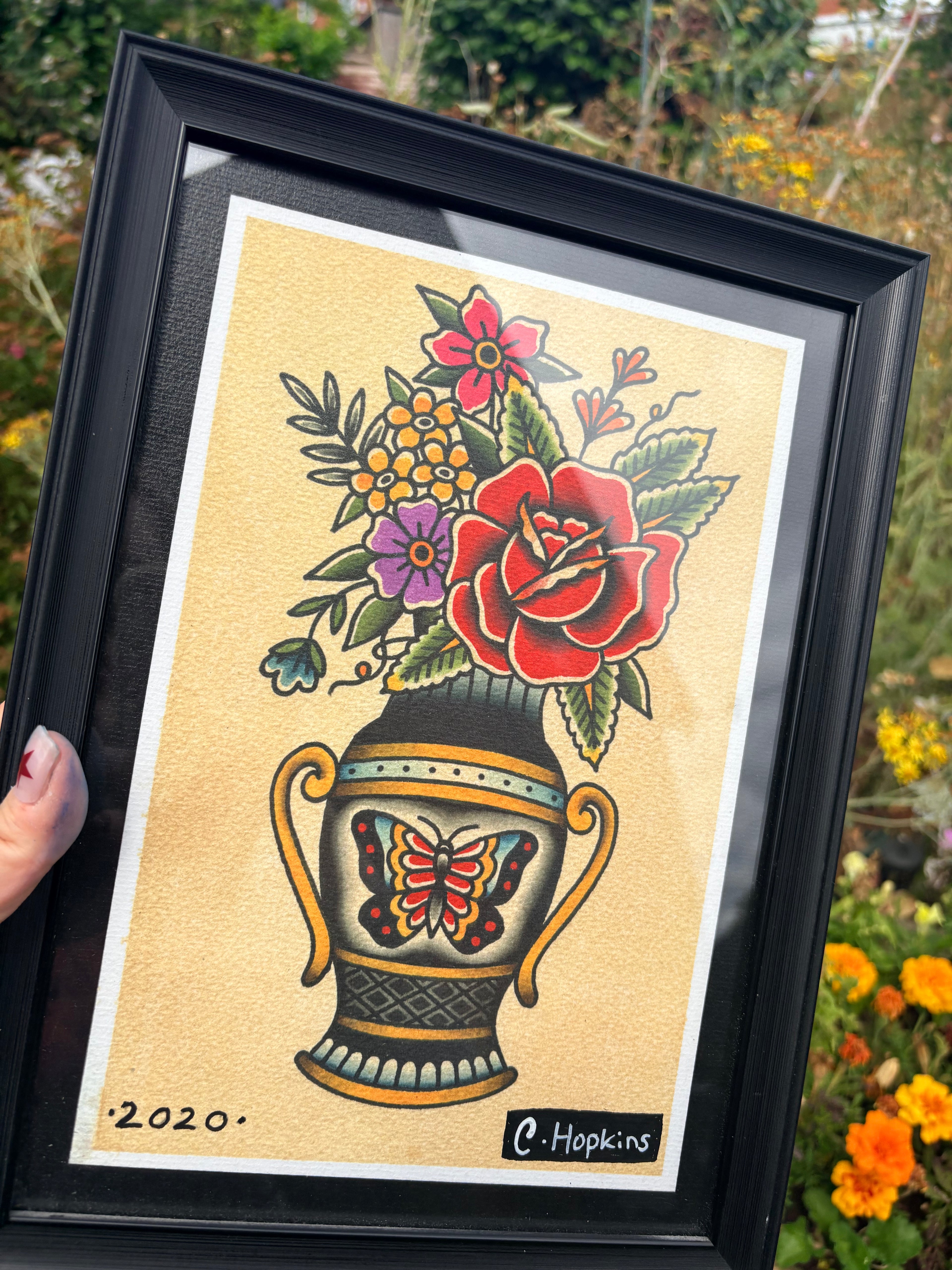 Original traditional floral vase print (framed)