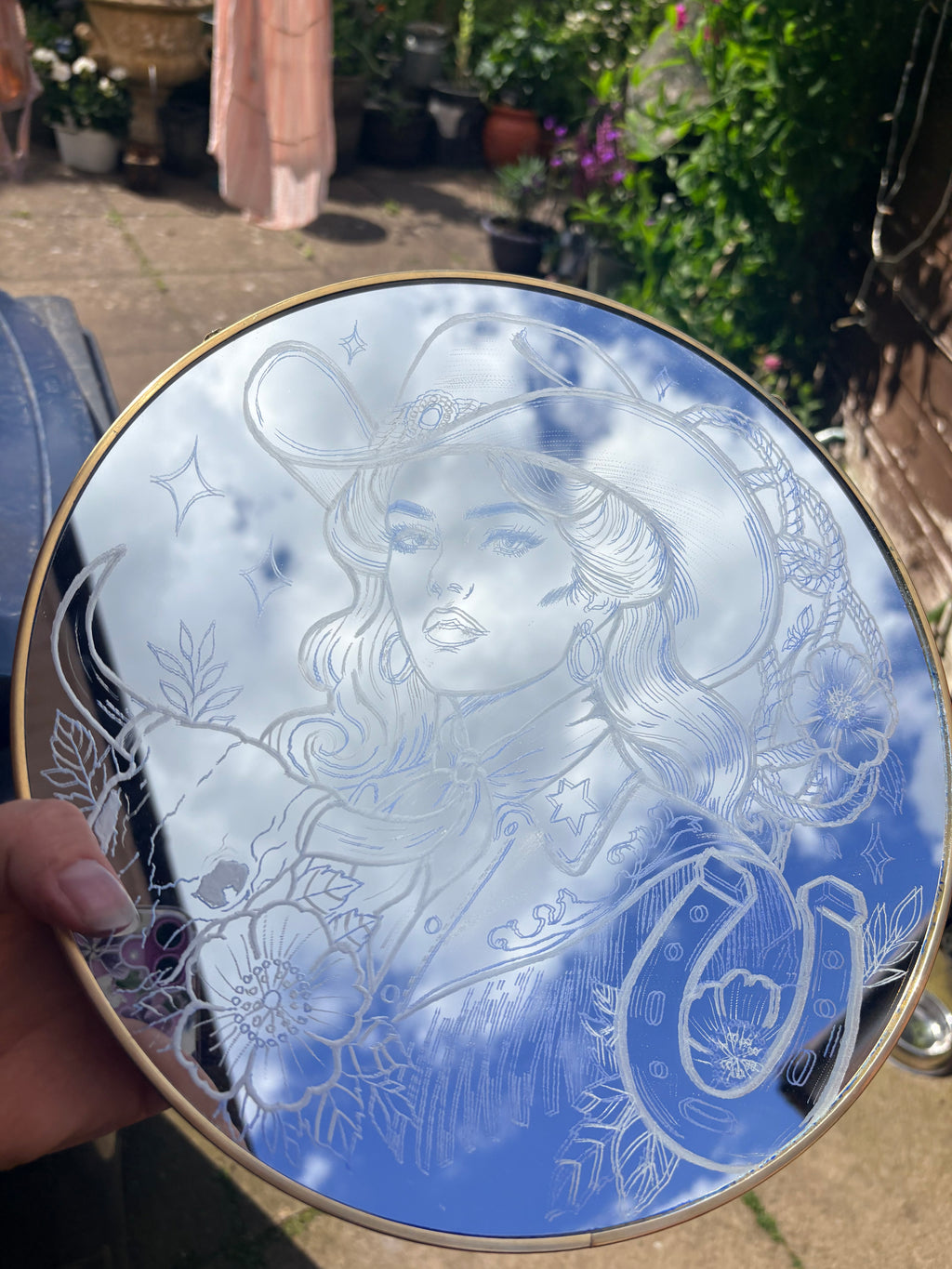 Western cowgirl horse shoe mirror