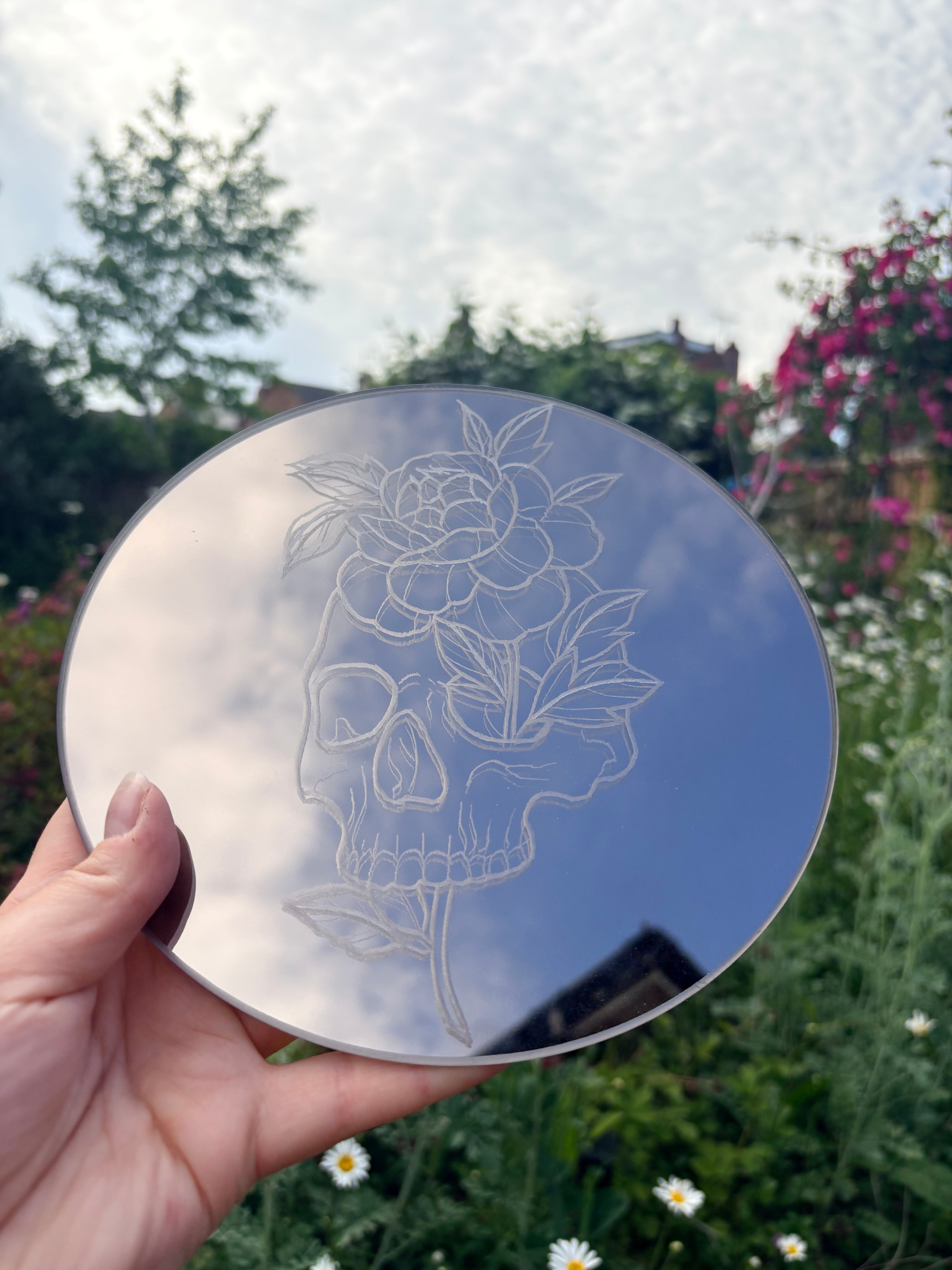 Neo traditional rose skull mirror