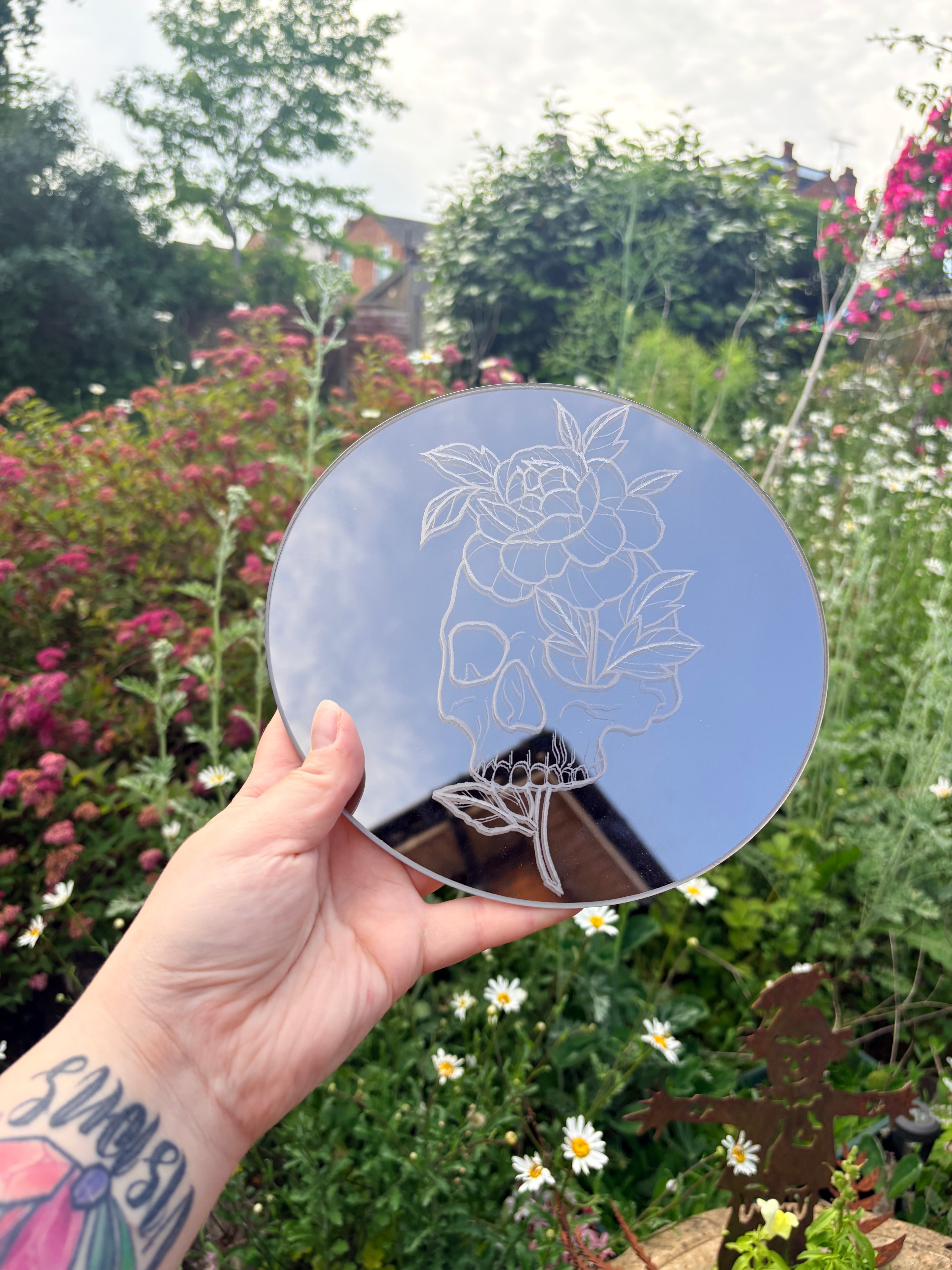 Neo traditional rose skull mirror