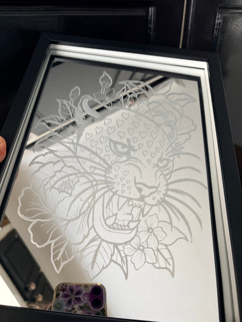 Neo traditional heart tiger with floral mirror