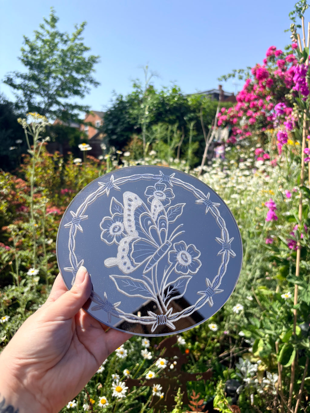 Neo traditional barb wire butterfly & wildflower mirror