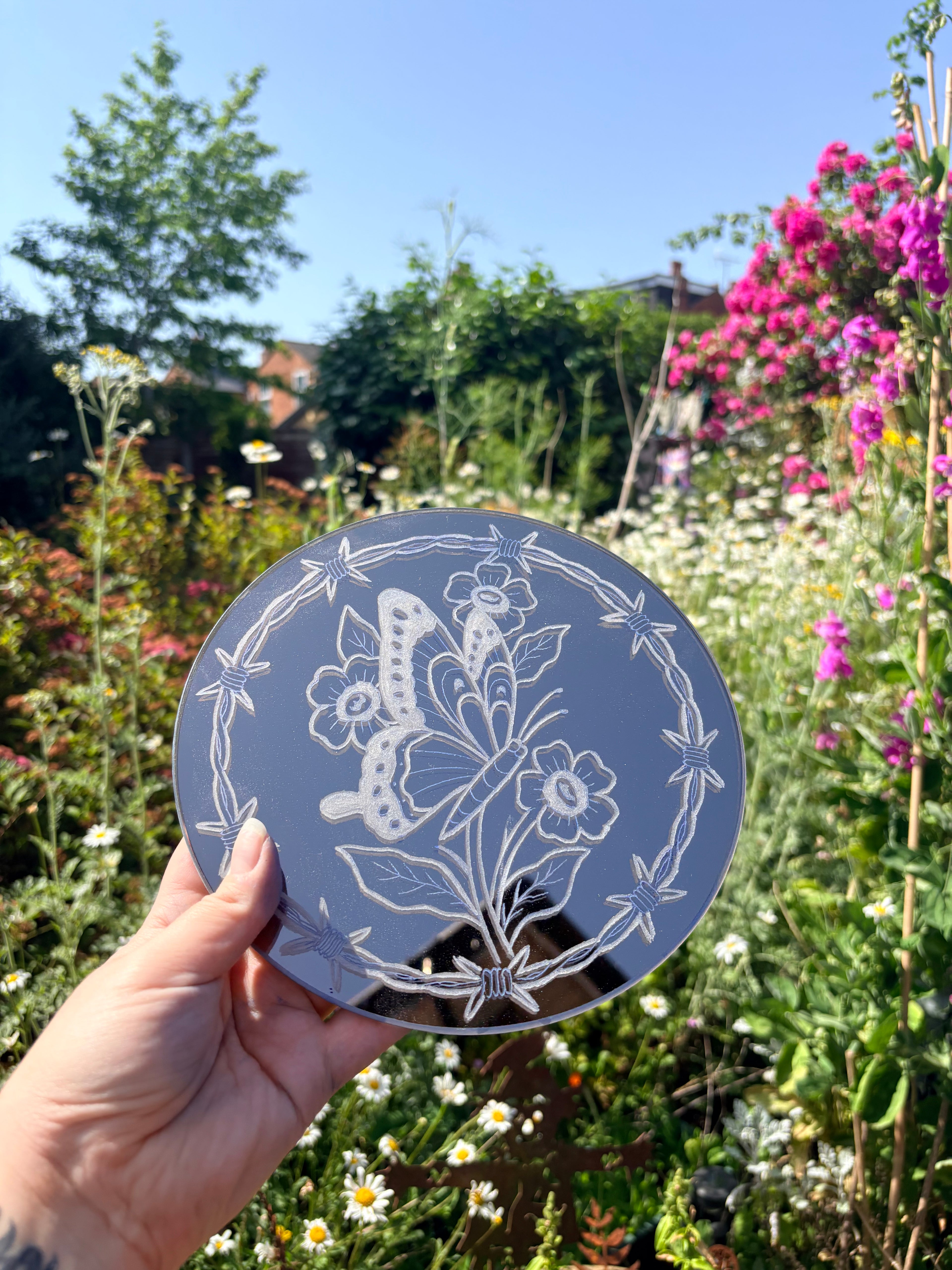 Neo traditional barb wire butterfly & wildflower mirror