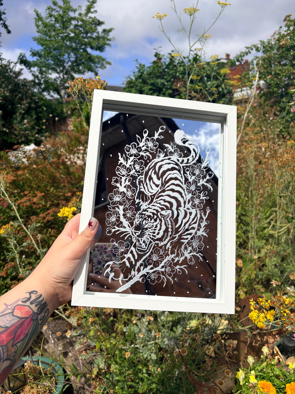 Neo traditional Tiger X cherry blossom mirror