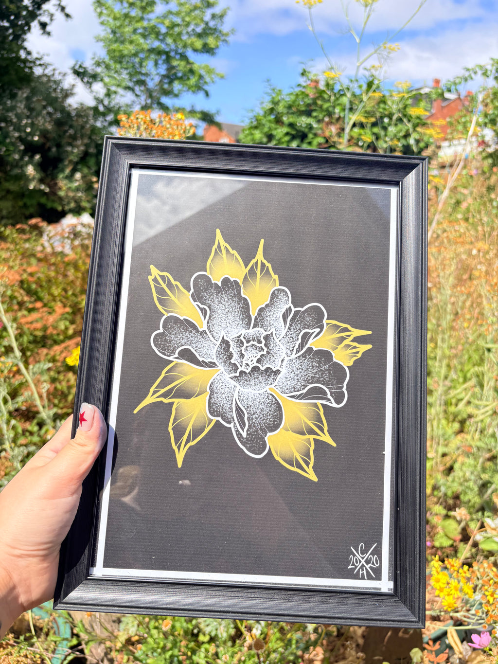 Original peony print in frame