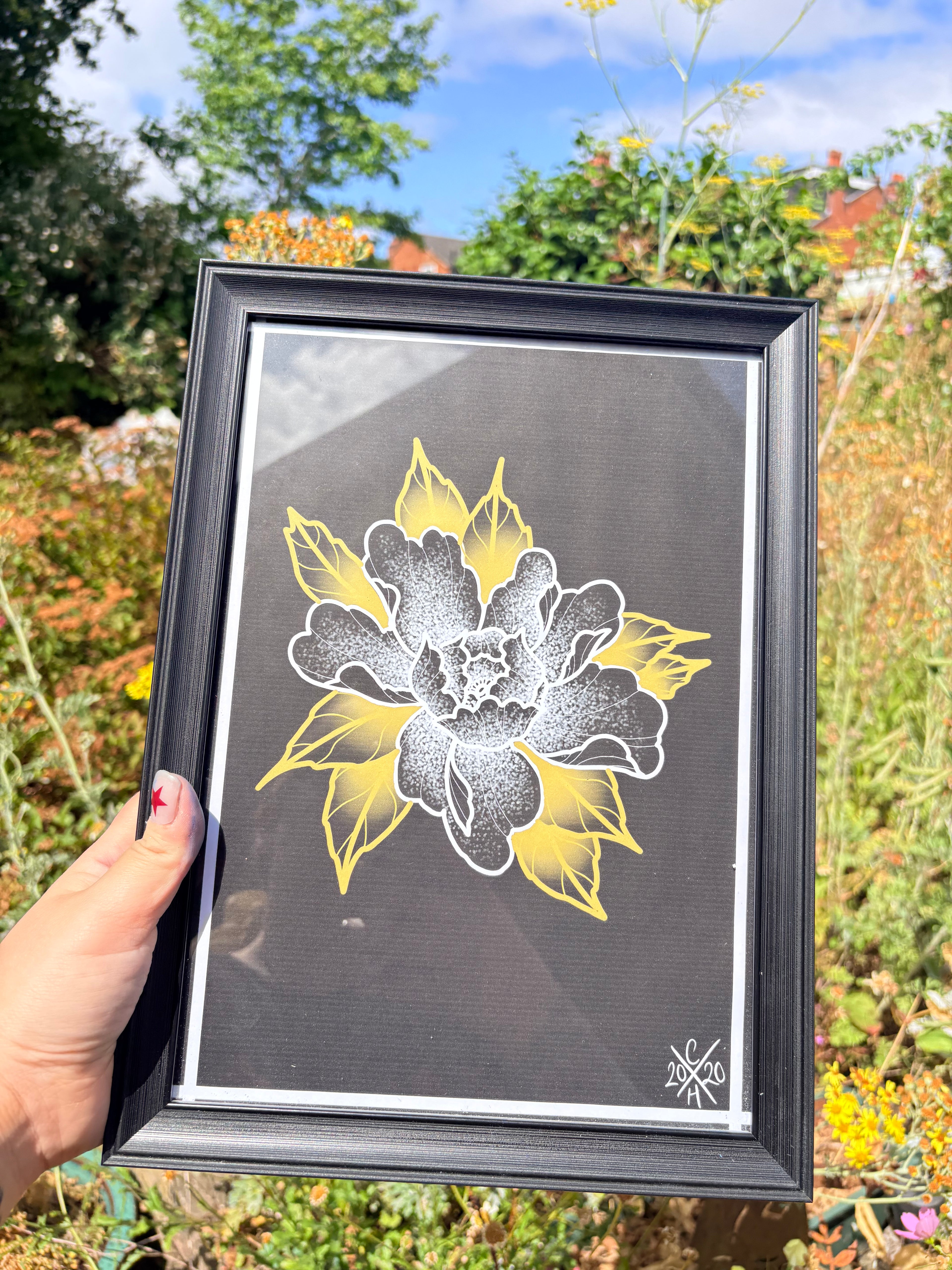 Original peony print in frame