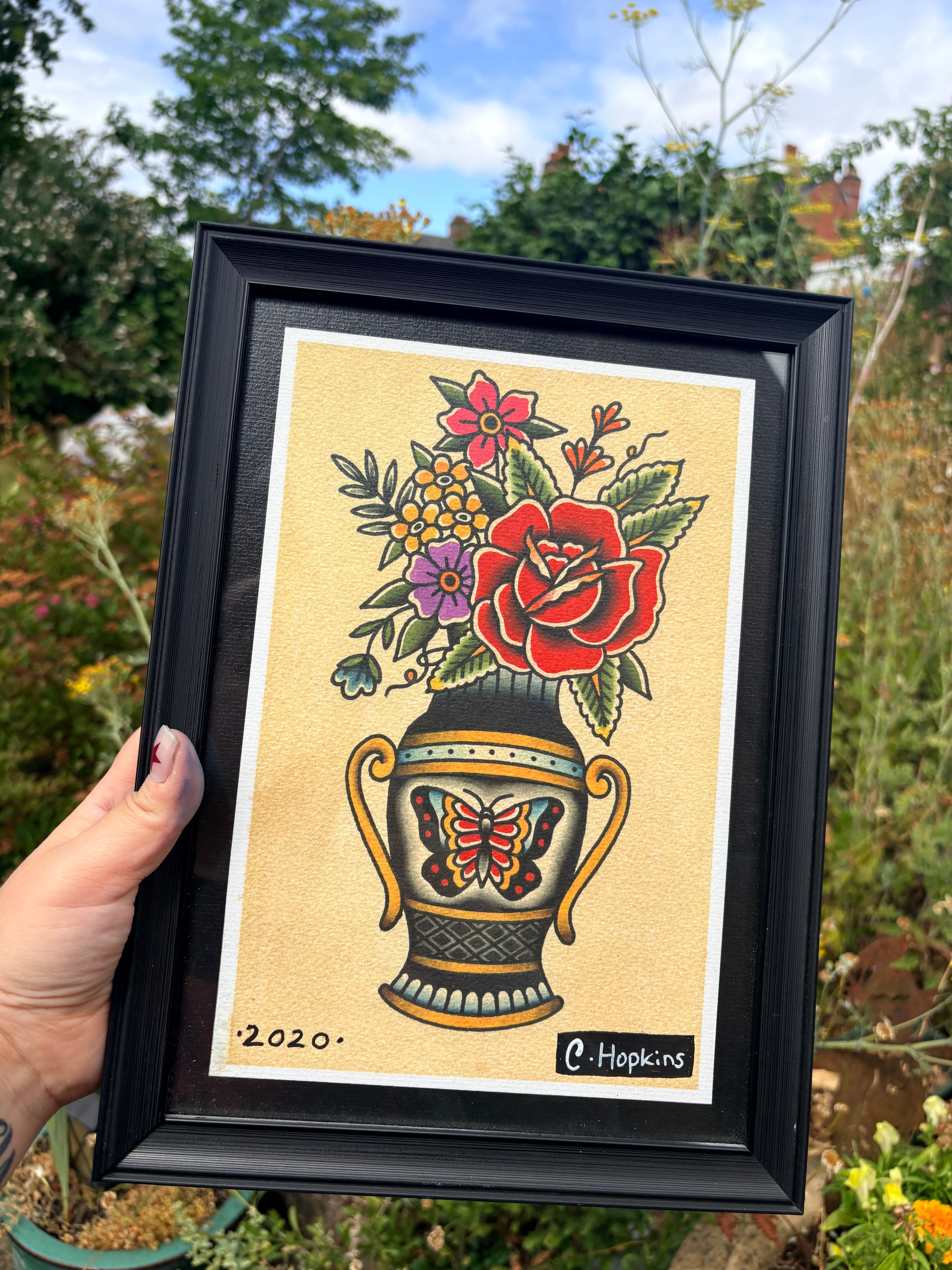 Original traditional floral vase print (framed)
