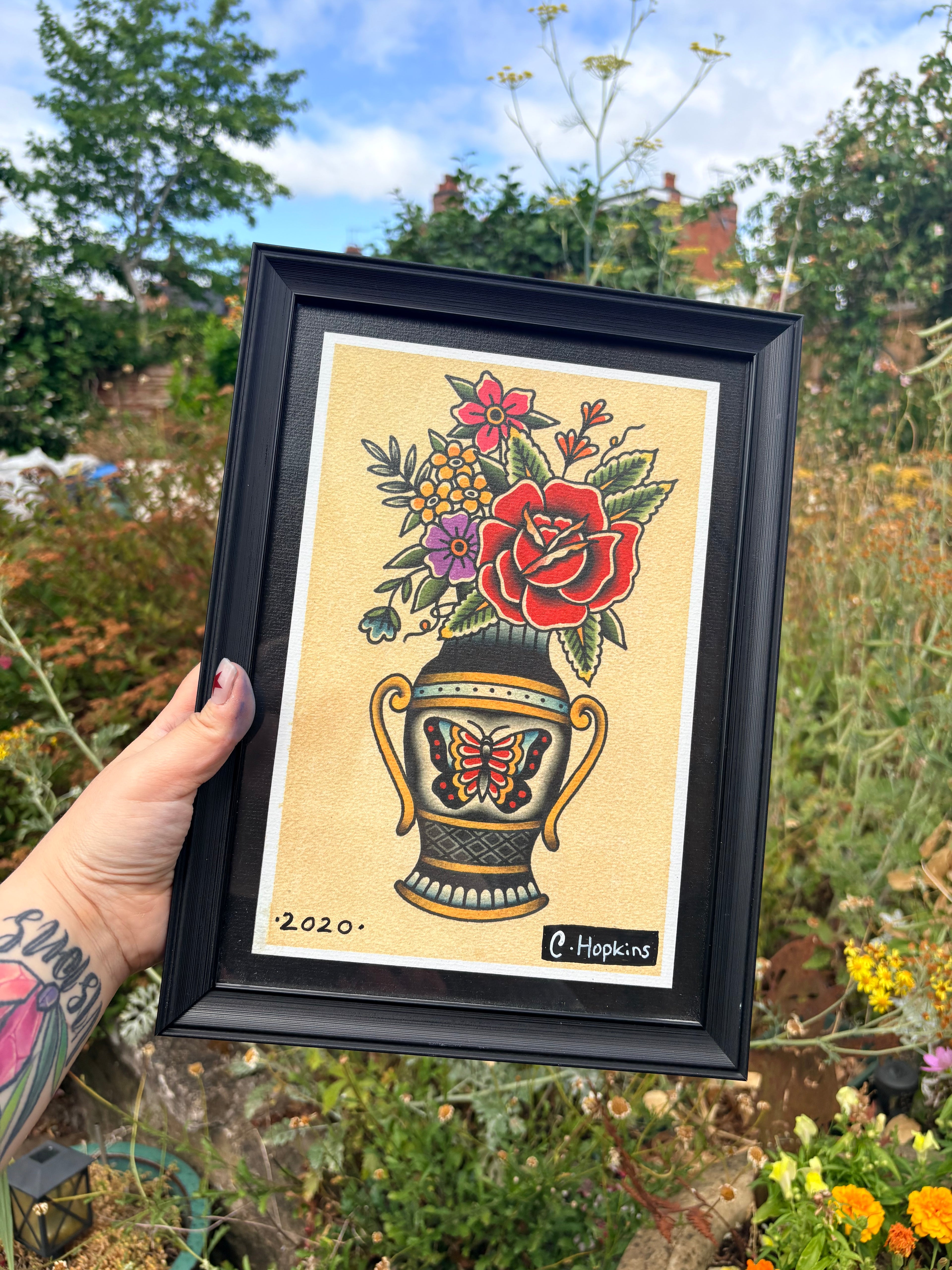 Original traditional floral vase print (framed)