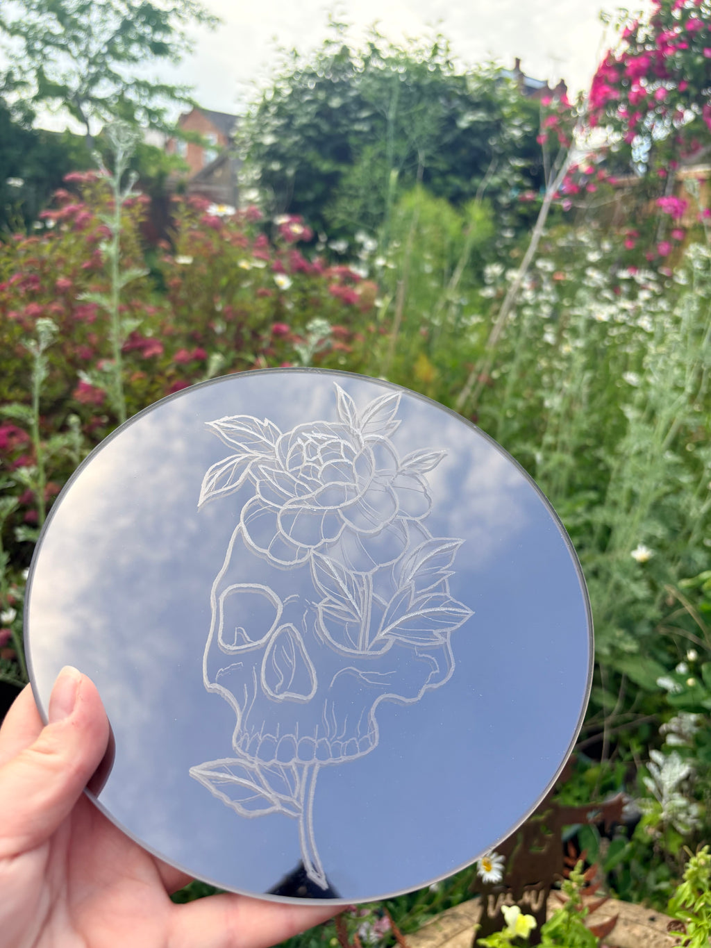 Neo traditional rose skull mirror