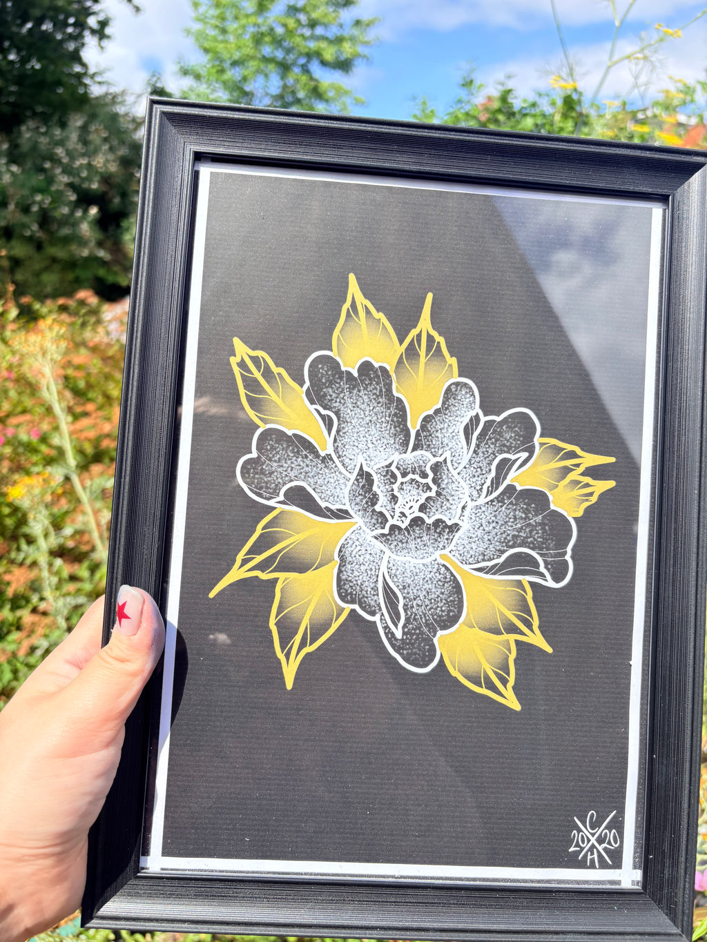 Original peony print in frame