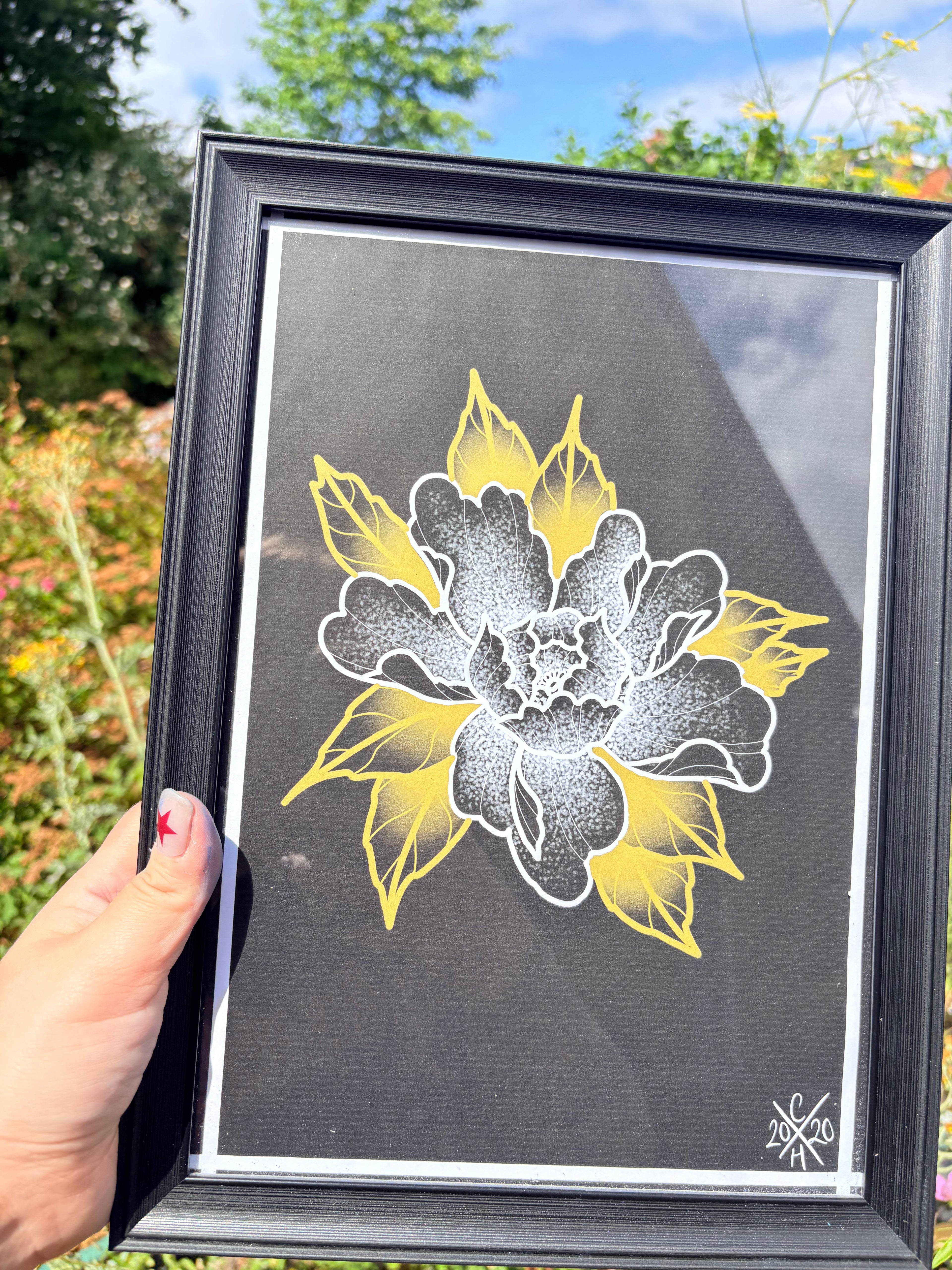 Original peony print in frame