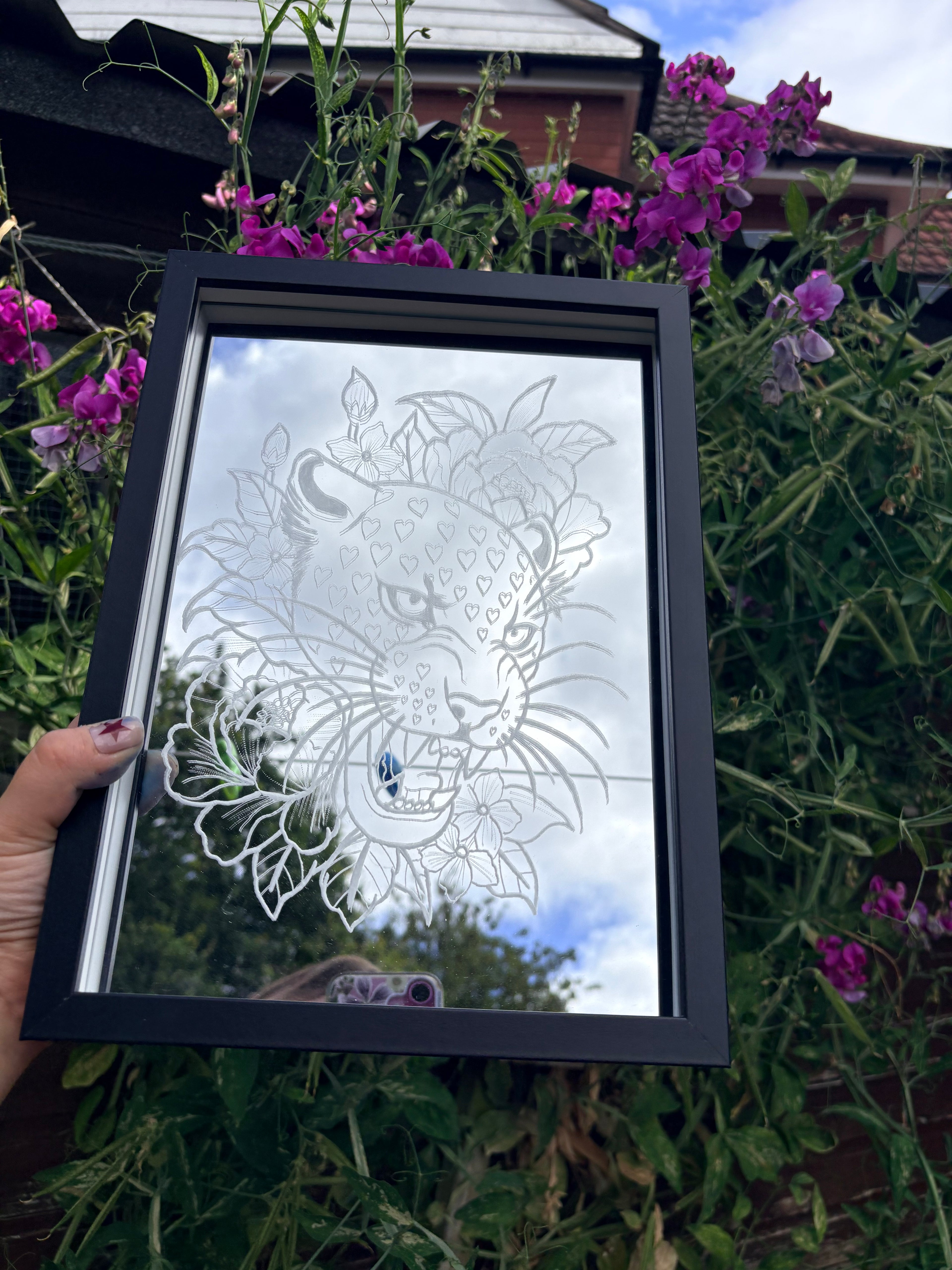 Neo traditional heart tiger with floral mirror